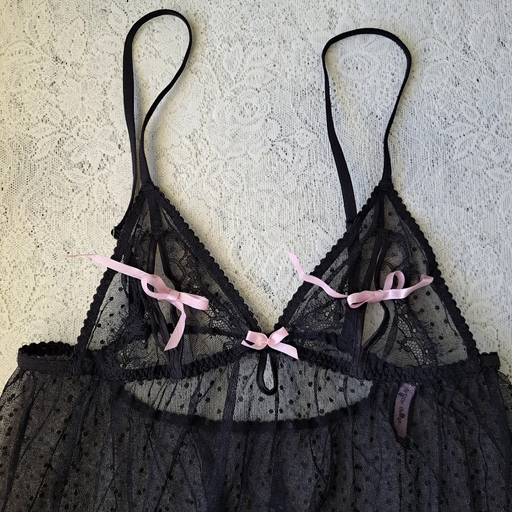 Victoria's Secret '12 Sexy Little Things Babydoll Black Lace/Bows Lingerie Sz M